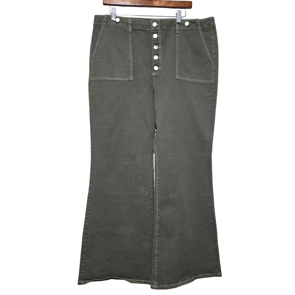 LOFT The Slim Flare Pants Olive Green High Rise Button Fly Petite 34/18 NWT